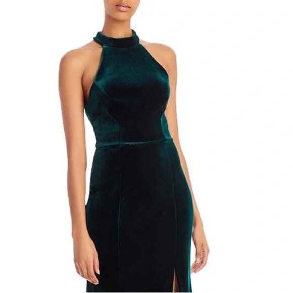 Aqua Formal – 8– Green Velvet Halter neck open back gown - Picture 2 of 4